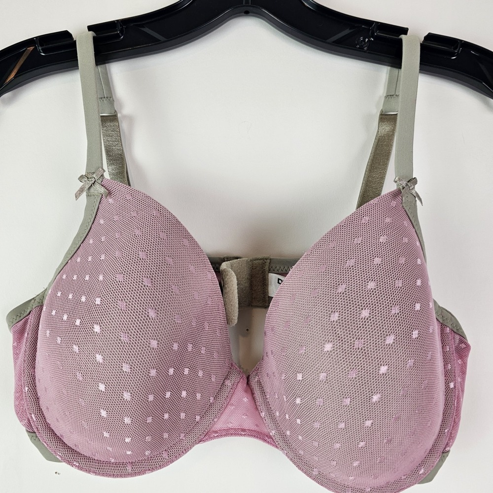 DKNY T-Shirt Bra 453801 Pink Gray Women Size 34D Underwire Demi Polka Dot